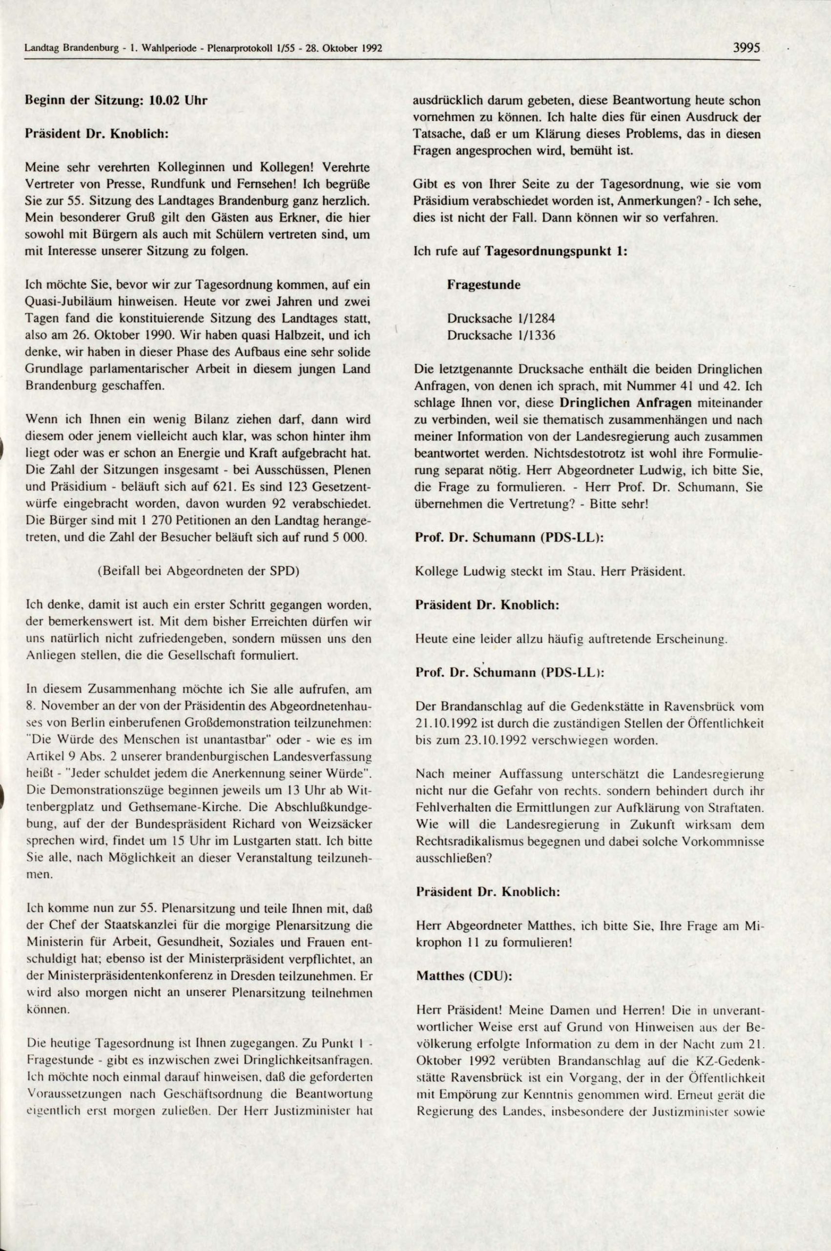 Plenarprotokoll 1/55 des Landtags Brandenburg vom 28. Oktober 1992, hier nur: Erörterung der Dringlichen Anfragen Nr. 41 und 42, S. 3995 BLHA, Bibliothek: ZB-906/2 (1.WP)