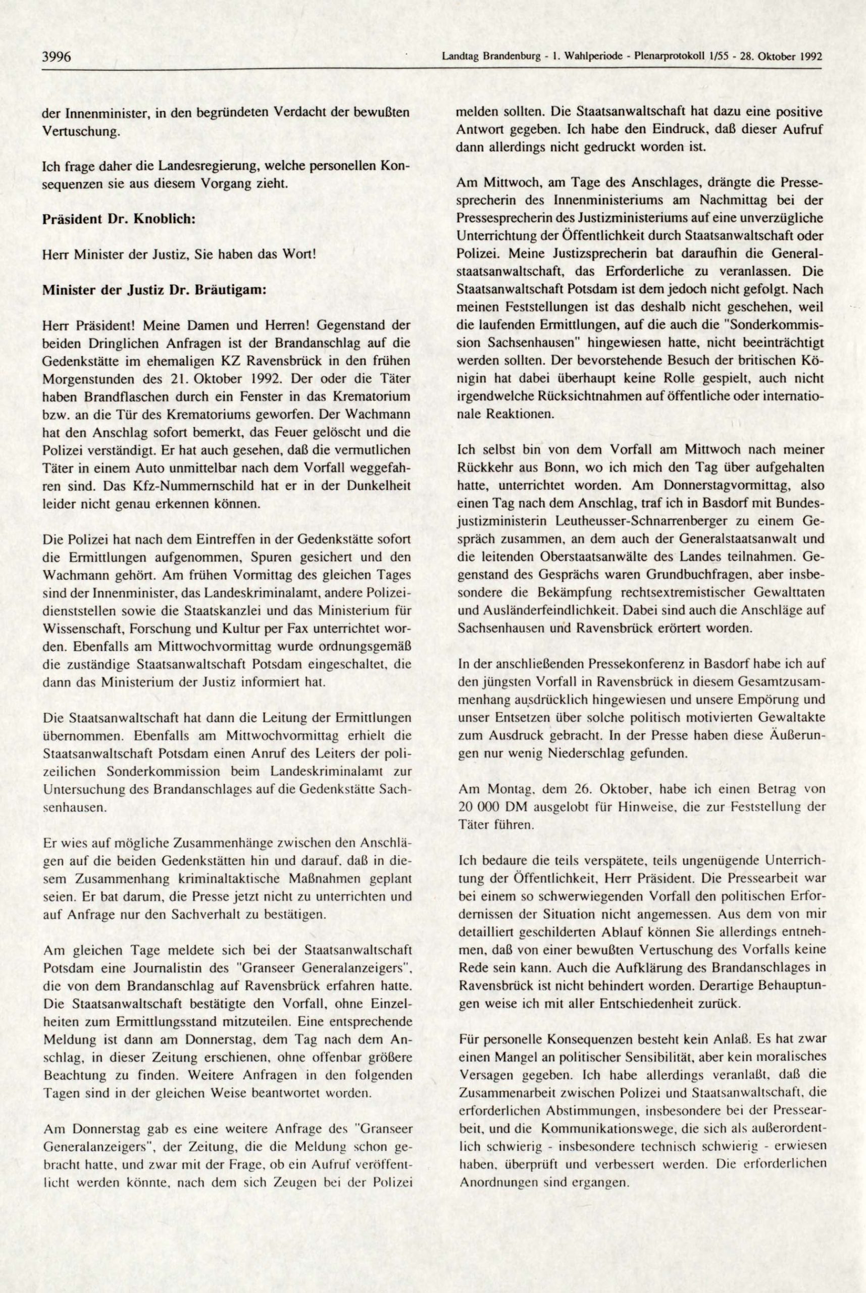 Plenarprotokoll 1/55 des Landtags Brandenburg vom 28. Oktober 1992, hier nur: Erörterung der Dringlichen Anfragen Nr. 41 und 42, S. 3996 BLHA, Bibliothek: ZB-906/2 (1.WP)
