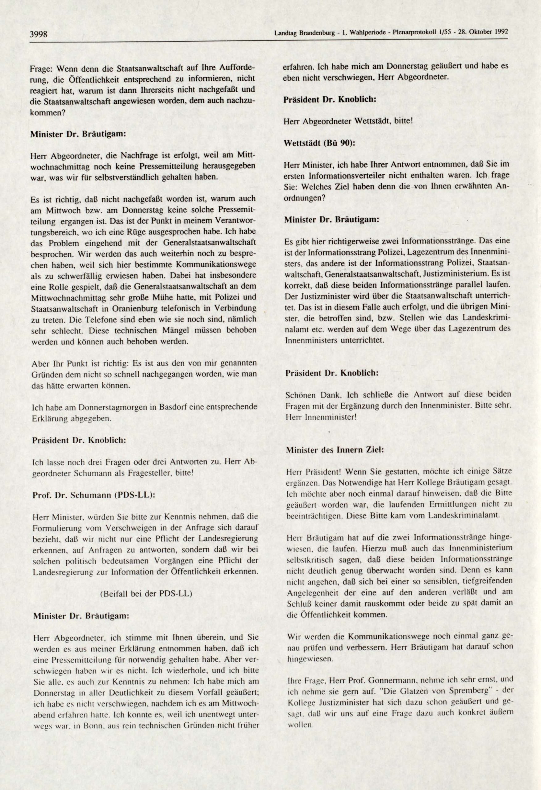 Plenarprotokoll 1/55 des Landtags Brandenburg vom 28. Oktober 1992, hier nur: Erörterung der Dringlichen Anfragen Nr. 41 und 42, S. 3998 BLHA, Bibliothek: ZB-906/2 (1.WP)