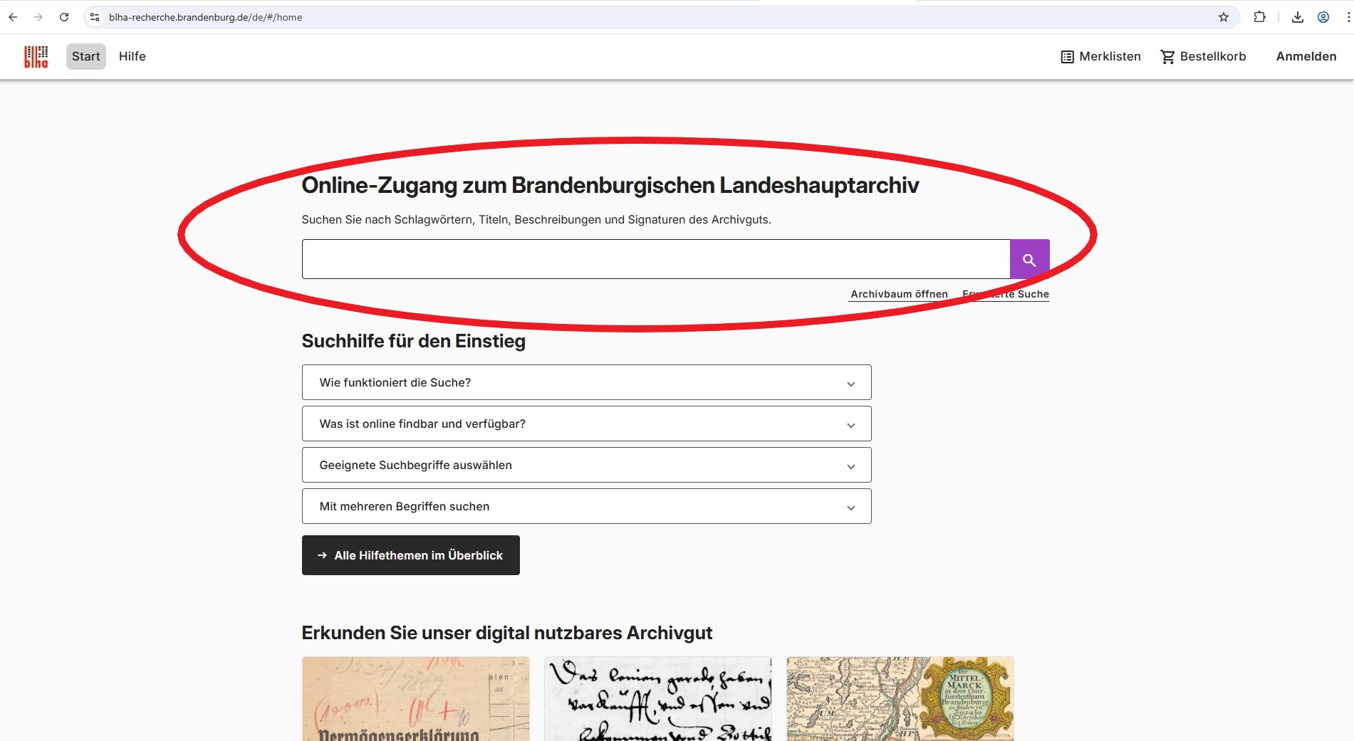 Öffnen Sie die Online Recherche des Brandenburgischen Landeshauptarchivs unter https://blha-recherche.brandenburg.de/de/#/home und wählen Sie die Volltextsuche.