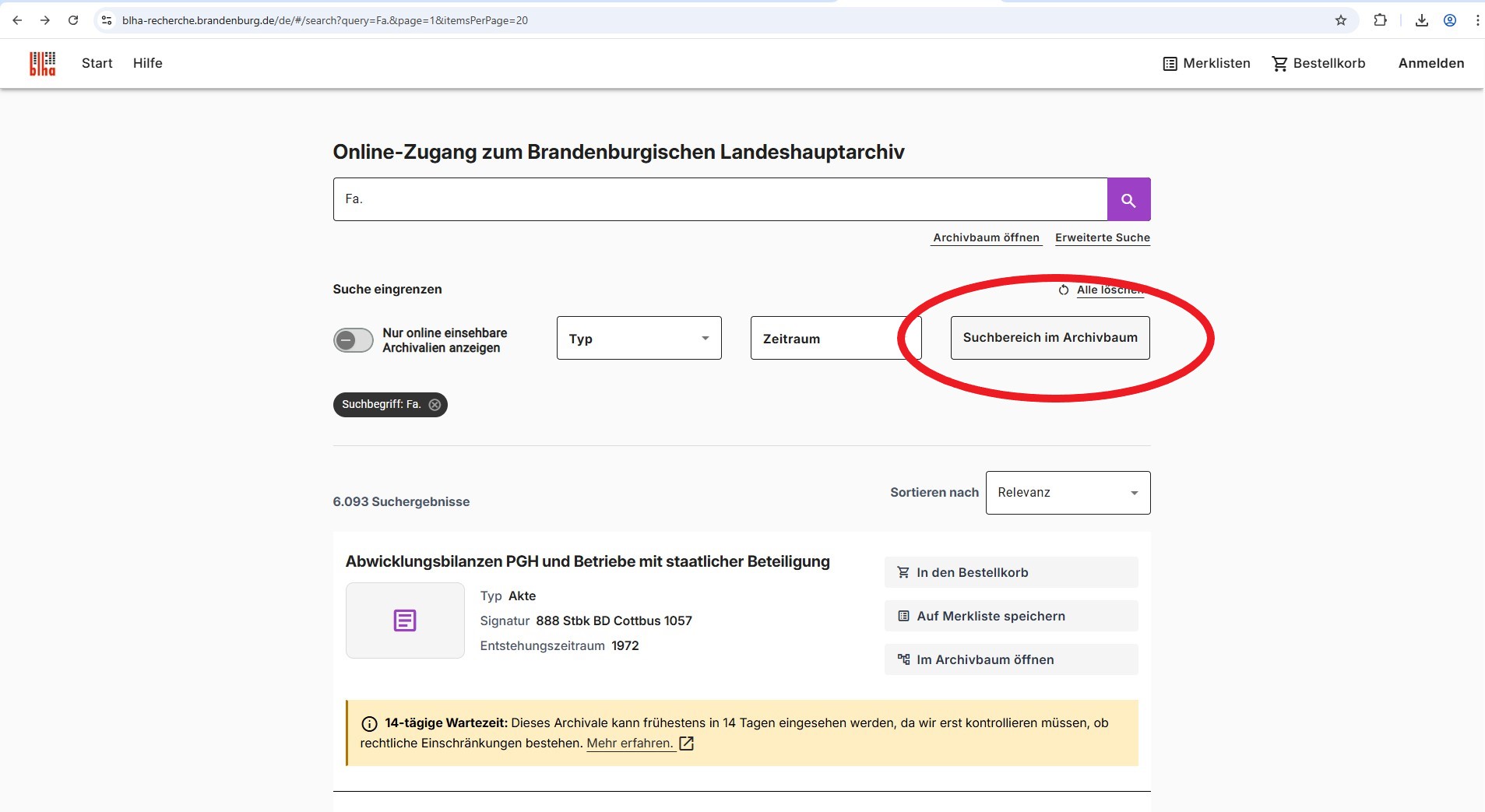 Anschließend können Sie über den Suchbereich im Archivbaum die Suche auf den Bestand der “Vermögensverwertungsstelle” eingrenzen indem Sie den Bestand Rep. 36A (II) auswählen.