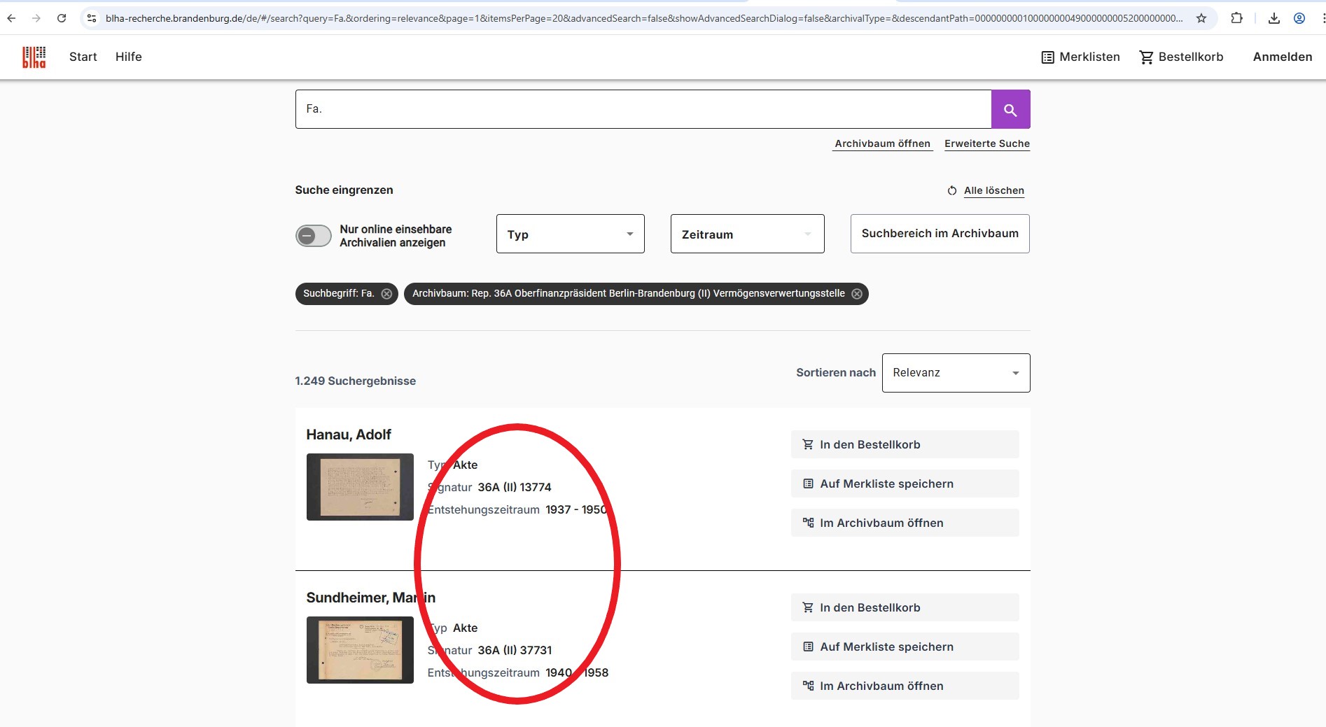 In der Trefferliste werden Ihnen nun ausschließlich Treffer aus dem Bestand der “Vermögensverwertungsstelle” beim Oberfinanzpräsidenten Berlin-Brandenburg angezeigt.