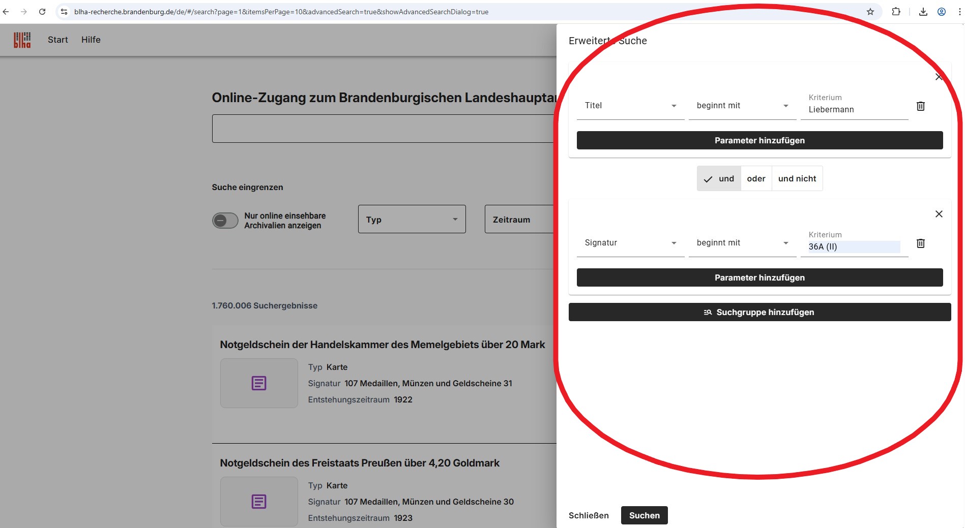 Mit der Suche im Titelfeld mit der Suchoption „beginnt mit“ suchen Sie in diesem Beispiel alle Datenbankeinträge die mit „Liebermann“ beginnen. Wenn Sie diese Titelsuche mit der Suche im Signaturenfeld mit „36A (II)“ mit „und“ kombinieren, erhalten Sie alle durchsuchbaren Datensätze, die mit Liebermann beginnen und im Bestand der “Vermögensverwertungsstelle” vorhanden sind.