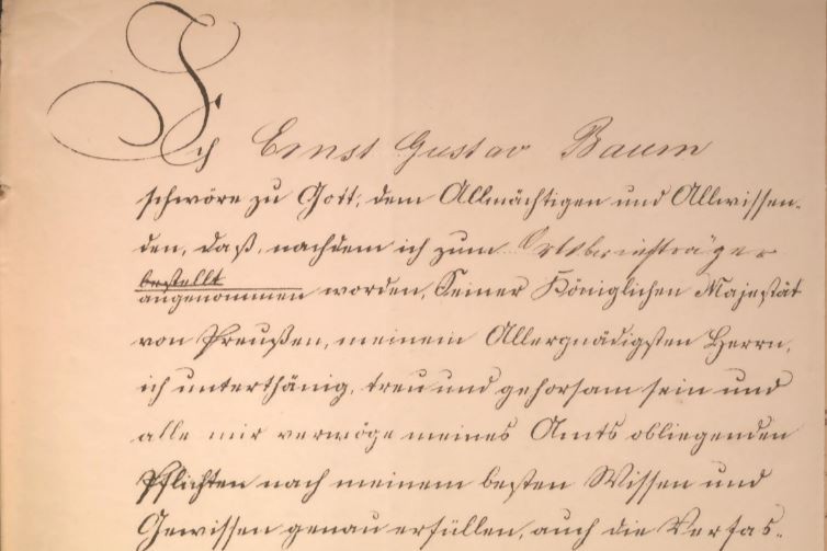 Diensteid des Ortsbriefträgers Ernst Gustav Baum in Drebkau, 1865. (BLHA, Rep. 44B RPD FfO Nr. 418.)