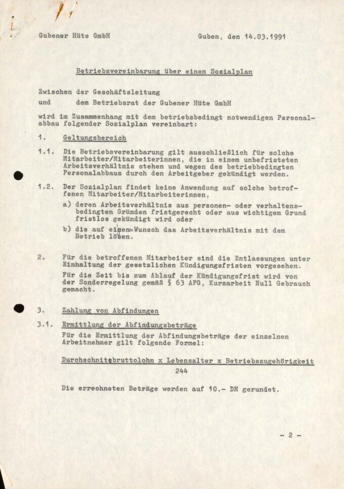 Betriebsvereinbarung zwischen dem Betriebsrat und der Gubener Hüte GmbH über einen Sozialplan vom 14.3.1991 BLHA, Rep. 907 VEB Hutwerke Guben Nr. 1159