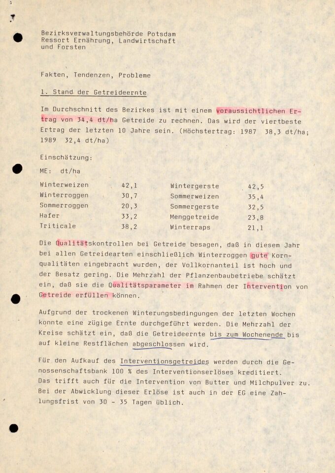 Bericht „Fakten, Tendenzen und Probleme“ des Ressorts Ernährung, Landwirtschaft und Forsten der Bezirksverwaltungsbehörde Potsdam, Juli 1990, Seite 1 BLHA, Rep. 401 Bezirkstag und Rat des Bezirkes Potsdam 36720