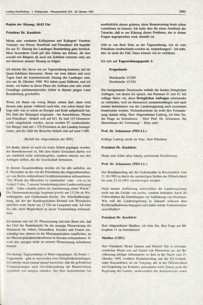 Plenarprotokoll 1/55 des Landtags Brandenburg vom 28. Oktober 1992, hier nur: Erörterung der Dringlichen Anfragen Nr. 41 und 42, S. 3995 BLHA, Bibliothek: ZB-906/2 (1.WP)