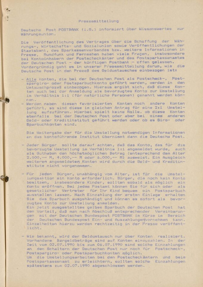 Pressemitteilung der Deutschen Post „Wissenswertes über die Währungsunion“, BLHA, Rep. 463 Deutsche Post Bezirksdirektion Potsdam Nr. 2707