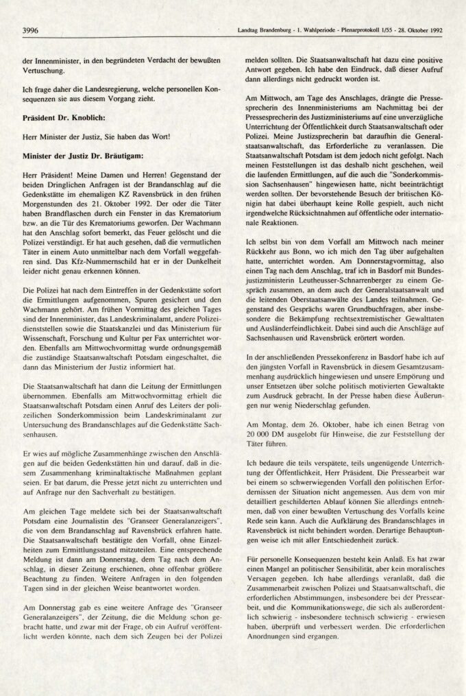 Plenarprotokoll 1/55 des Landtags Brandenburg vom 28. Oktober 1992, hier nur: Erörterung der Dringlichen Anfragen Nr. 41 und 42, S. 3996 BLHA, Bibliothek: ZB-906/2 (1.WP)