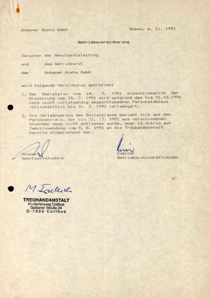 Betriebsvereinbarung zwischen dem Betriebsrat und der Gubener Hüte GmbH über die Verlängerung des Sozialplans vom 6.11.1991 BLHA, Rep. 907 VEB Hutwerke Guben Nr. 1159