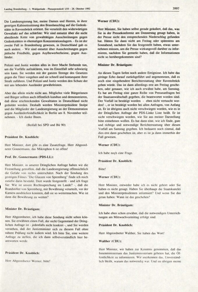 Plenarprotokoll 1/55 vom 28. Oktober 1992, S. 3995-3999, Erörterung der Dringlichen Anfragen, S. 3997 BLHA, Bibliothek: ZB-906/2 (1.WP)