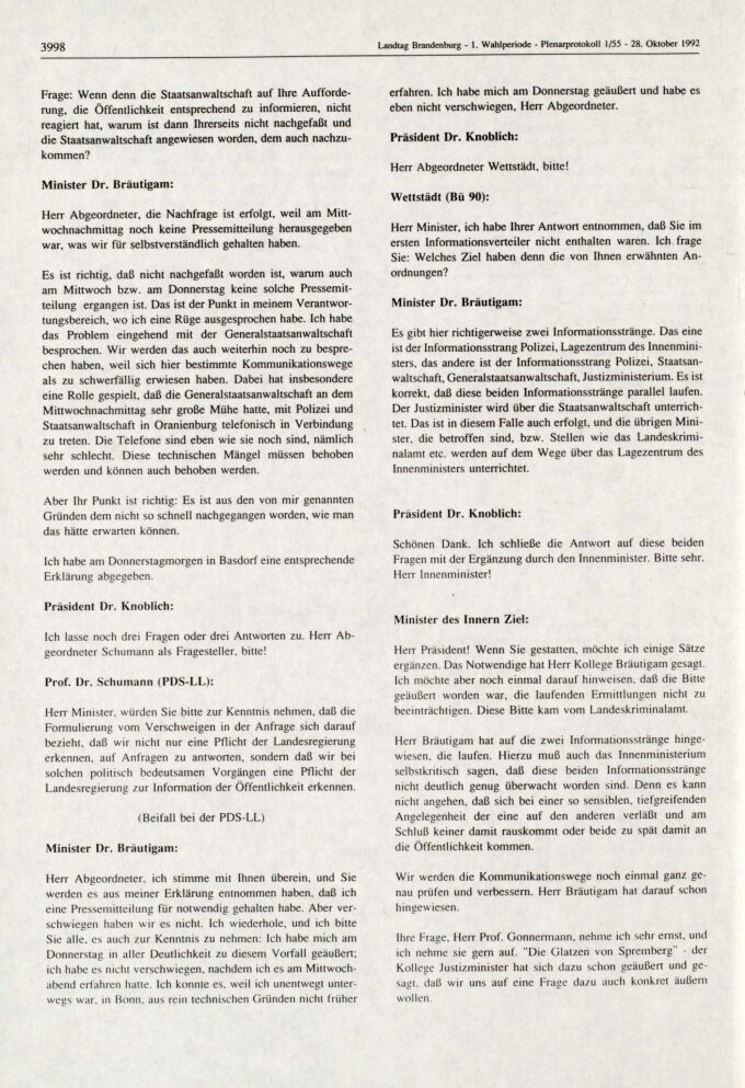 Plenarprotokoll 1/55 des Landtags Brandenburg vom 28. Oktober 1992, hier nur: Erörterung der Dringlichen Anfragen Nr. 41 und 42, S. 3998 BLHA, Bibliothek: ZB-906/2 (1.WP)