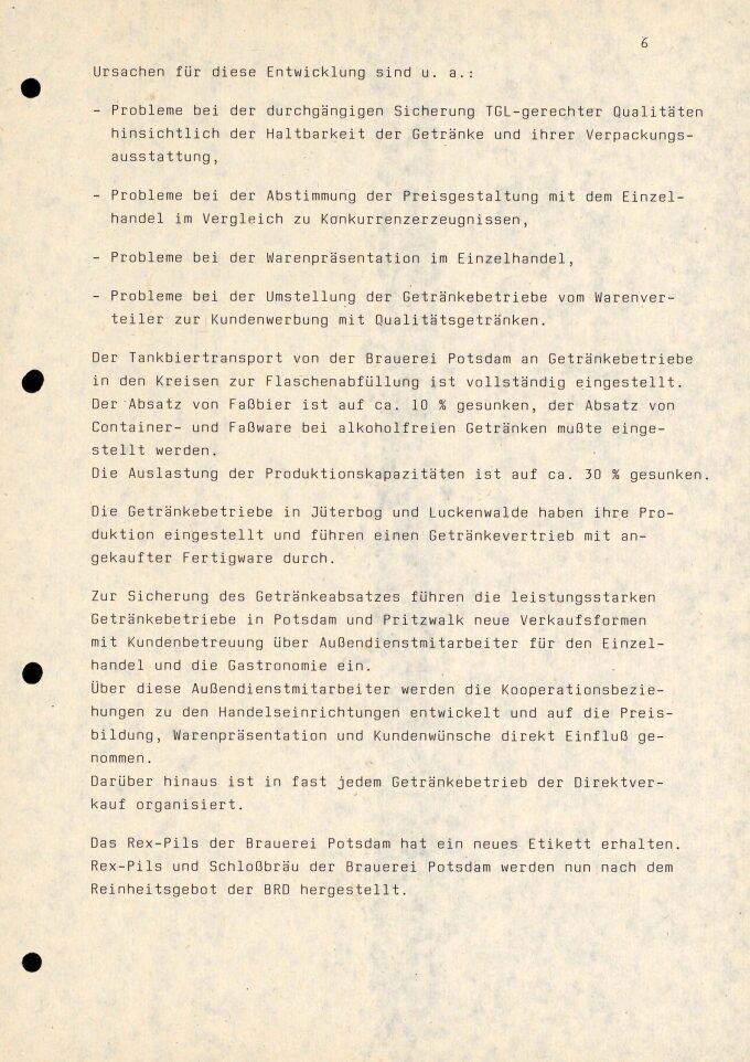 Bericht „Fakten, Tendenzen und Probleme“ des Ressorts Ernährung, Landwirtschaft und Forsten der Bezirksverwaltungsbehörde Potsdam, Juli 1990, Seite 6 BLHA, Rep. 401 Bezirkstag und Rat des Bezirkes Potsdam 36720
