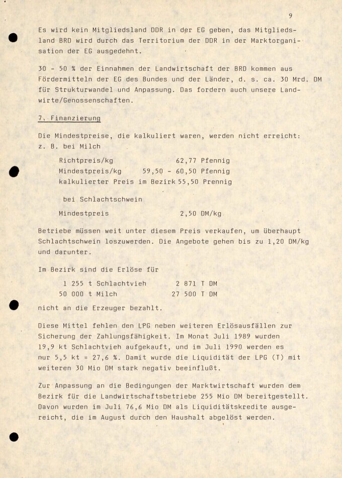 Bericht „Fakten, Tendenzen und Probleme“ des Ressorts Ernährung, Landwirtschaft und Forsten der Bezirksverwaltungsbehörde Potsdam, Juli 1990, Seite 9 BLHA, Rep. 401 Bezirkstag und Rat des Bezirkes Potsdam 36720