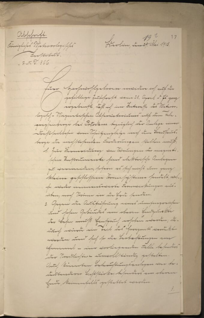 Schreiben von Wilhelm von Bezold, Direktor des Königlichen Meteorologischen Instituts, Rep. 2A I V 1762 Blatt 17