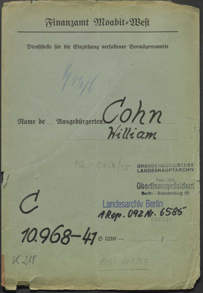 Aktendeckel der Akte des OFP zu William Cohn