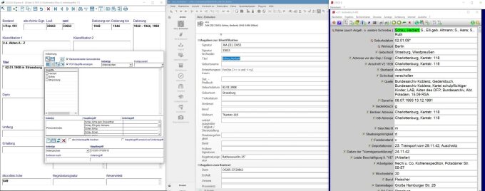 Comparison of the data records generated by automatic export from Augias (left) in Scope (centre) and verification of the indexing details using the LIDOS 8 Memorial Book Database (right)