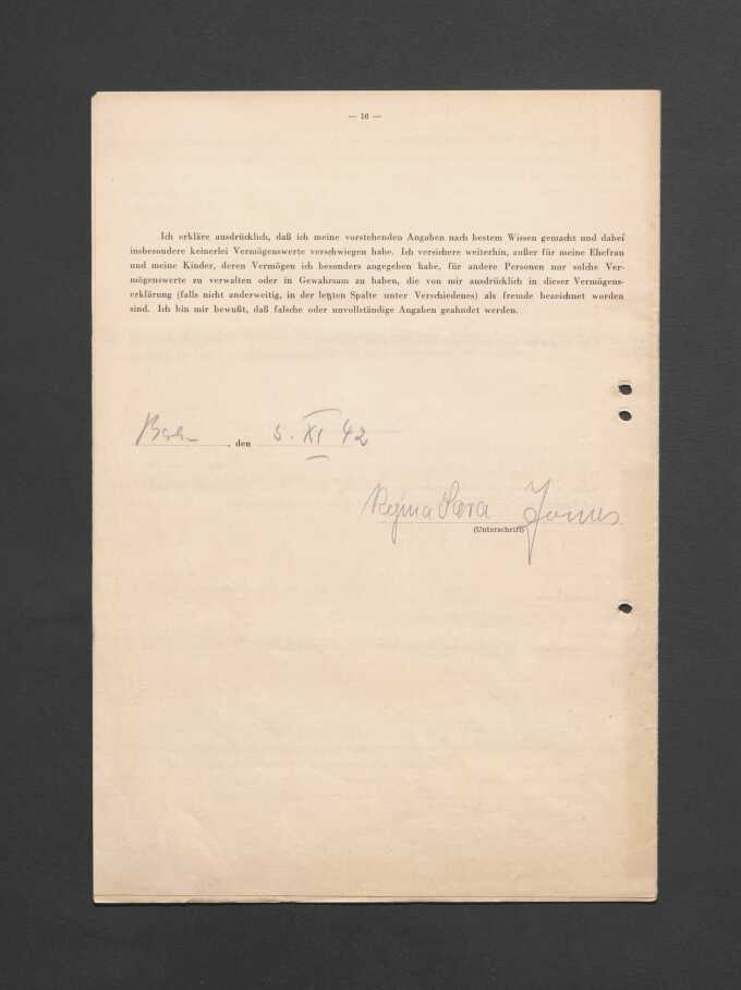 Vermögenserklärung mit Unterschrift Regina Jonas