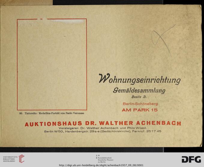 Blatt mit Titel Wohnungseinrichtung Gemäldesammlung Besitz D.