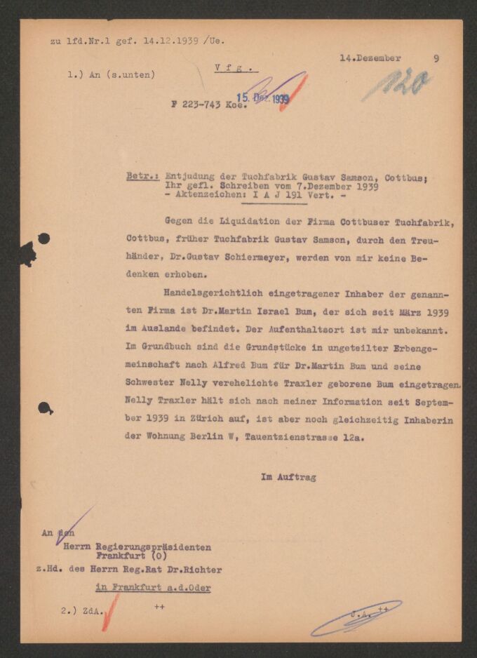 Schreiben von Dezember 1939