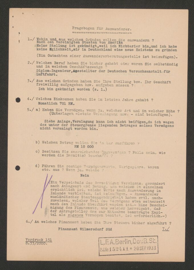Formular ausgefüllt von Walter Caspari