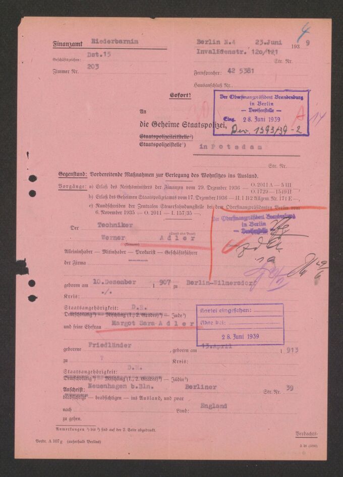 Vordesseite des Formulars der Gestapo
