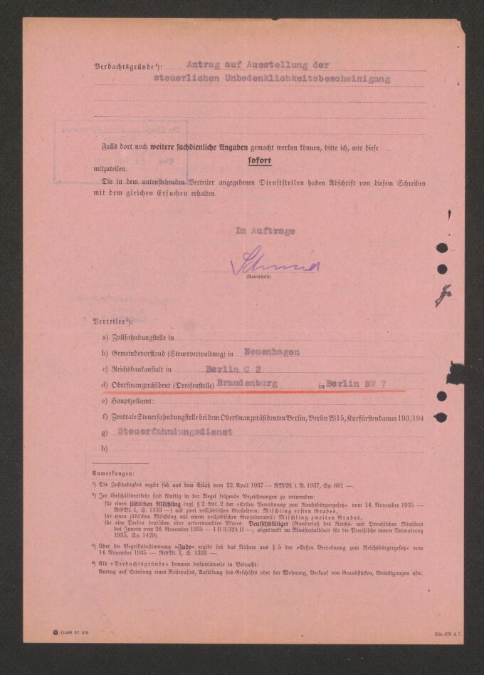 Rückseite des Formulars mit Unterschrift des Sachbearbeiters