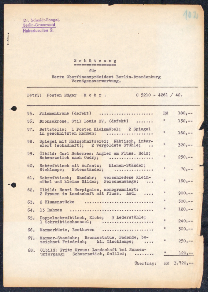 Schätzung von Kunstobjekten durch einen von der Deutschen Reichsfront zugelassenen Sachverständigen, Schätzliste für den OFP vom März 1943 BLHA, Rep 36 A Oberfinanzpräsident Berlin-Brandenburg (II), Nr. 27200