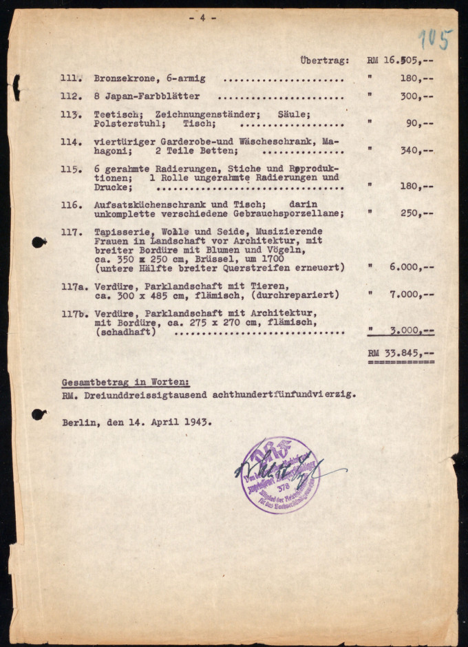 Schätzung von Kunstobjekten durch einen von der Deutschen Reichsfront zugelassenen Sachverständigen, Schätzliste für den OFP vom März 1943 BLHA, Rep 36 A Oberfinanzpräsident Berlin-Brandenburg (II), Nr. 27200