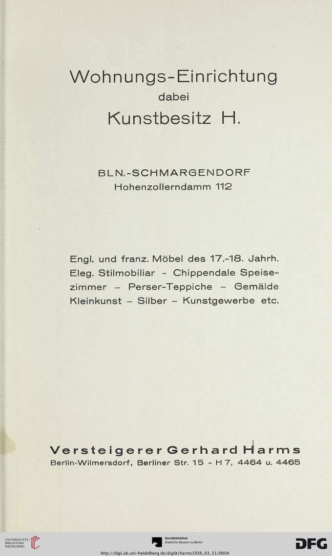 Fotografie eines Titelblattes mit der Überschrift Wohnungs-Einrichtung mit dabei Kunstbesitz H.