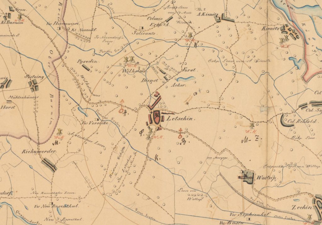 Ausschnitt einer Karte mit Letschin im Oderbruch und dessen Umland im Umkreis von 7,5 km von 1839