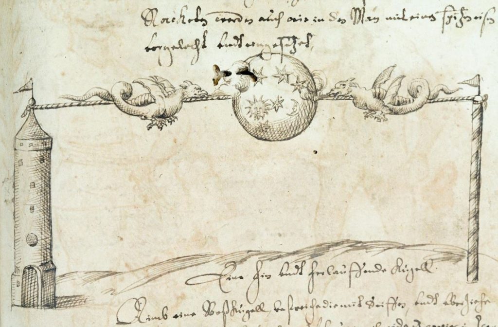 Federzeichnung für eine Feuerwerksinstallation mit feuerspeienden Drachen, 16. Jh, aus dem Nachlass des Festungsbaumeisters Rochus Graf zu Lynar (1525-1596), BLHA, Rep. 37 Herrschaft Lübbenau Nr. 4411