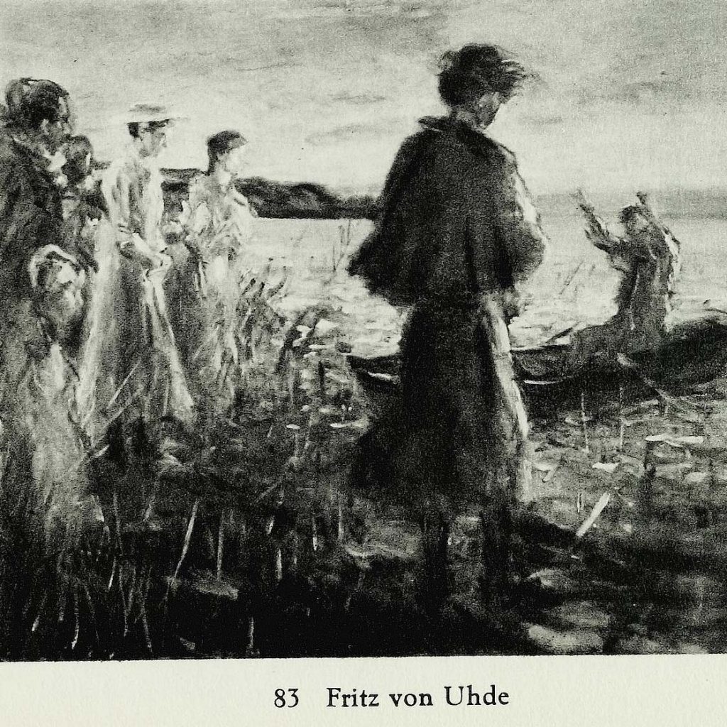 Personengruppe am Ufer, schwarz-weiß Bild