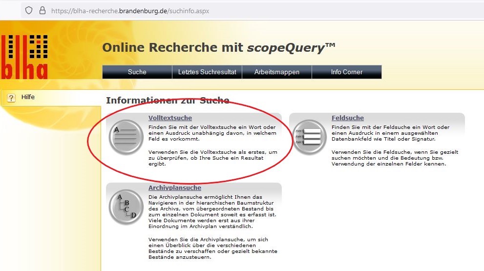 Startseite von Scope Query mit den drei Suchfunktionen Volltextsuche, Archivplansuche und Feldsuche, die Volltextsuche ist hervogehoben