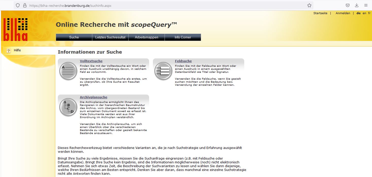 Startseite von Scope Query mit den drei Suchfunktionen Volltextsuche, Archivplansuche und Feldsuche