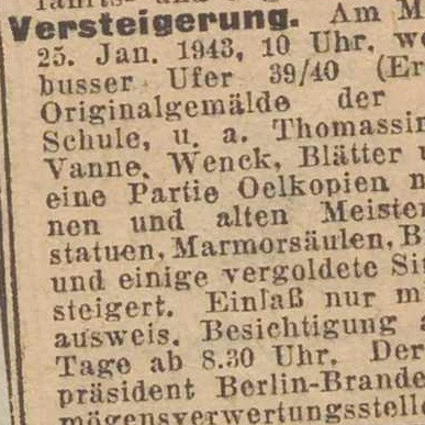 Ausschnitt aus Berliner Lokal-Anzeiger vom 24. Januar 1943 mit Ankündigung einer Versteigerung