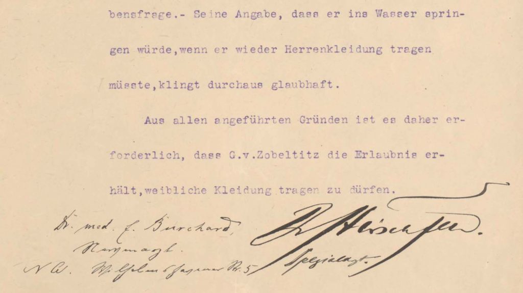 Auszug aus dem Gutachten mit Unterschriften von Dr. Ernst Burchard und Dr. Magnus Hirschfeld