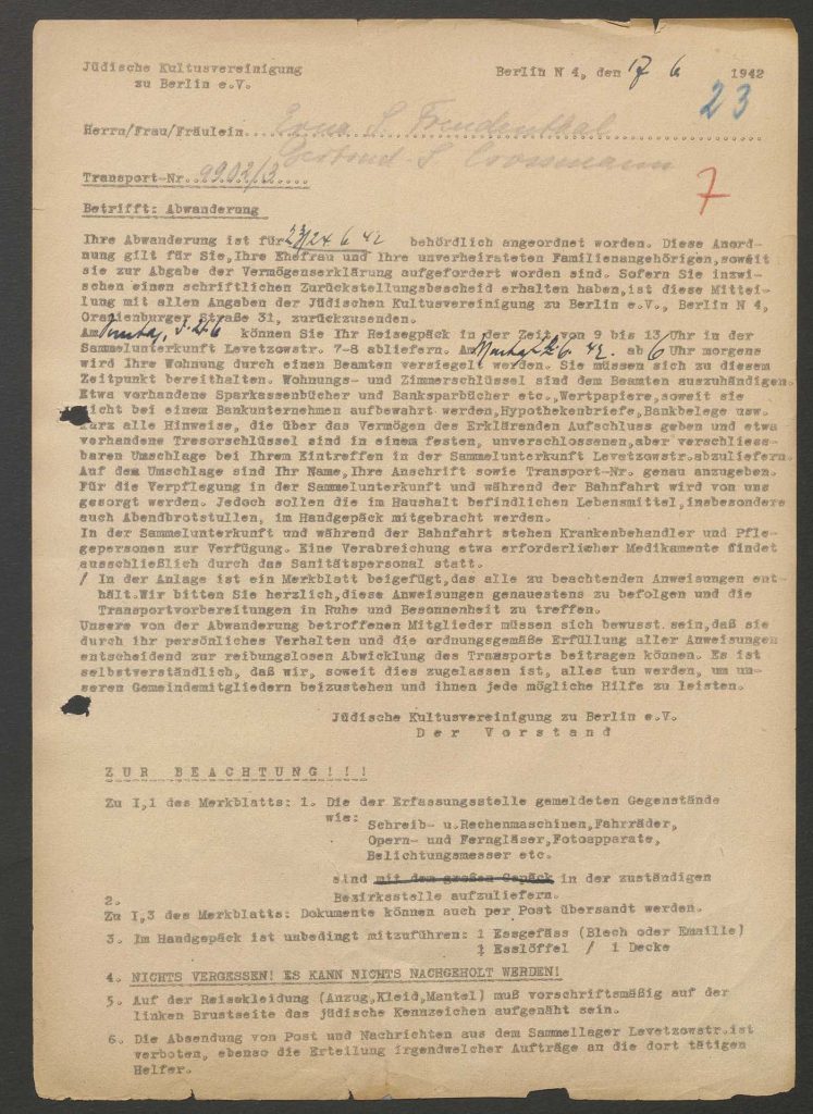 Bild vergrößern: Anordnung, Erna Freudenthal und Gertrud Grossmann sollen sich am 24.6.1942 zur Deportation einfinden