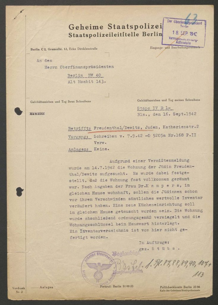 Bild vergrößern: Schreiben der Gestapo: die Schwestern sollen Gegenstände aus ihrer Wohnung verkauft haben, bevor sie flüchteten
