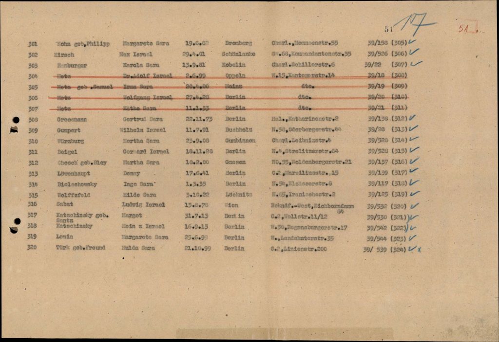 Bild vergrößern: Namen und Adressen auf der Transportliste vom 28. Juni 1943